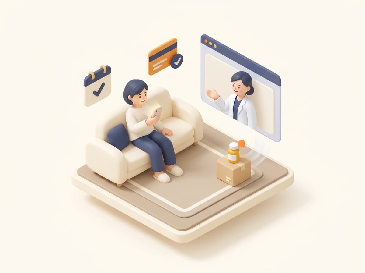 自宅のソファでスマートフォンを使い、医師のビデオ診察を受けている様子。予約・オンライン決済を表すアイコンが添えられている