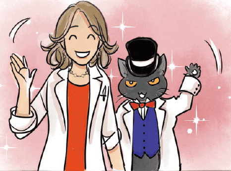 笑顔で迎える Dr. YOKO と、シルクハットをかぶった相棒の黒猫
